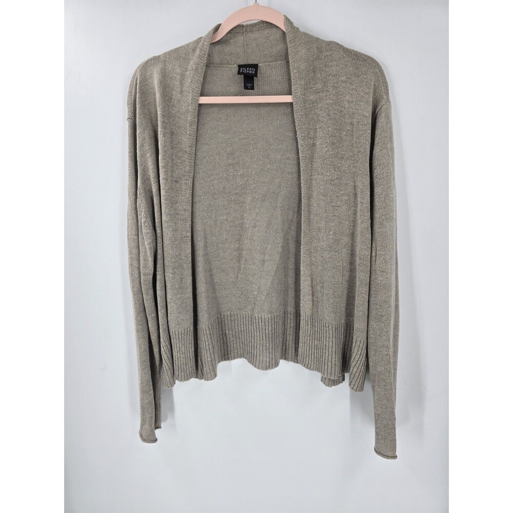 Eileen Fisher Open-Front Cardigan Sweater Beige 100% Linen Tan Tight Knit Medium